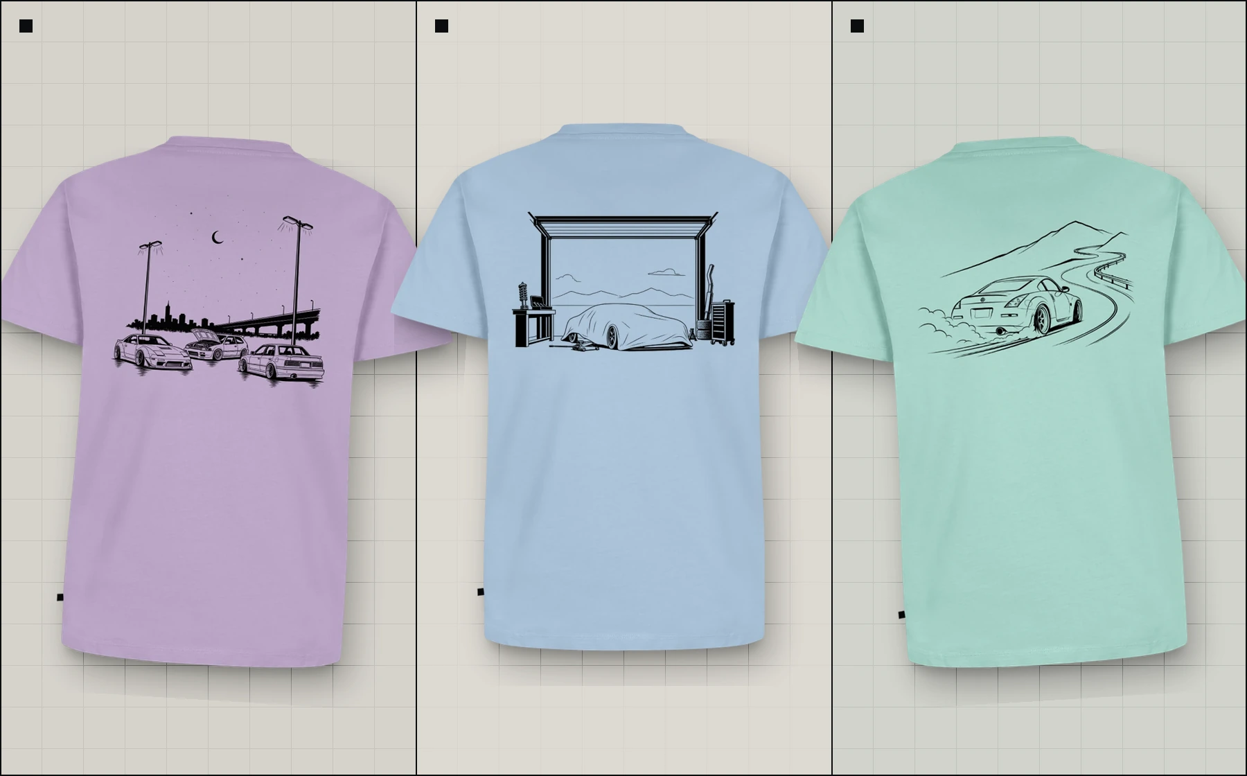 Three made2drive shirts in lavender, light blue and mint shown from the back with automotive artwork