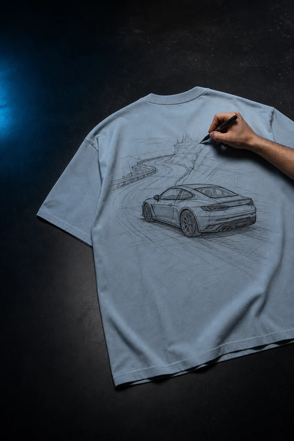 A hand using a technical marker to draw an automotive motif onto the back of a blue T-shirt